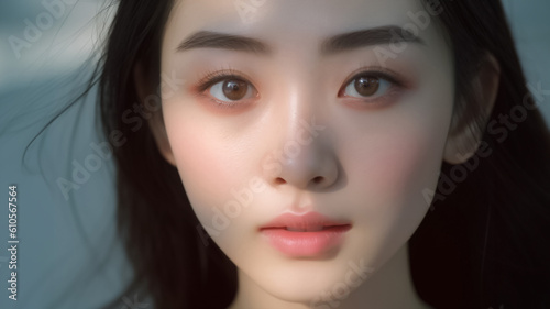 Beautiful Asian Woman, Close up on her face with Smooth skin look at the camera on a White background in Studio light. generative AI © Surachetsh