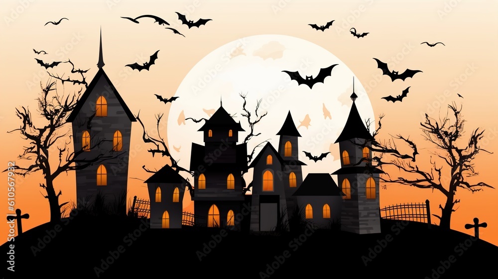 Halloween banner or party invitation background with clouds, bats and pumpkins.illustration