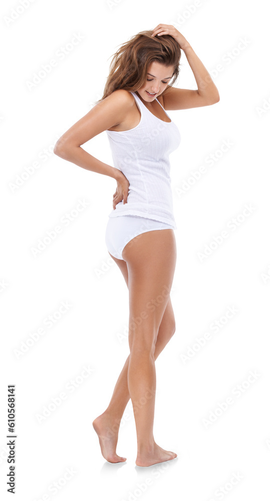 Woman in underwear, body and fitness with healthy lifestyle, skin and health isolated on transparent png background. Wellness, diet and exercise with female model and smile, balance and nutrition