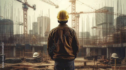 Back view of male engineer looking at construction site with crane on background. Generative AI.