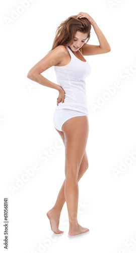 Woman in underwear, body and fitness with healthy lifestyle, skin and health isolated on transparent png background. Wellness, diet and exercise with female model and smile, balance and nutrition