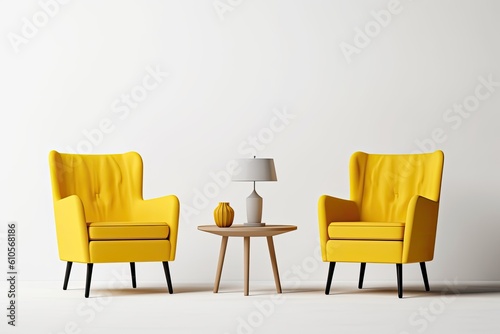 On a white background  there are solitary  flying  solid yellow chairs with hard seats. An example of furniture that is for sale. minimalistic but realistic style. Generative AI