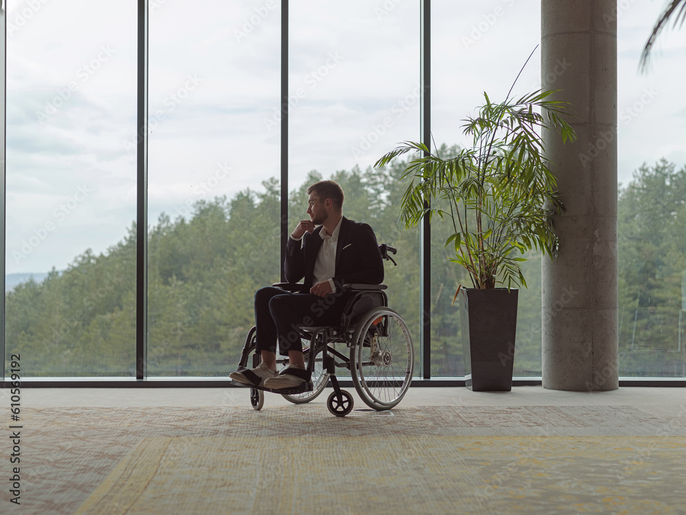 A melancholic businessman in a wheelchair sitting with a sad expression, gazing through the window of a modern office, conveying a sense of solitude A melancholic businessman in a wheelchair sitting with a sad expression, gazing through the window of a modern office, conveying a sense of solitude
