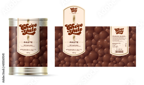 Chocolate Cream label and packaging. Tin can with label with pattern from chocolate bubbles.