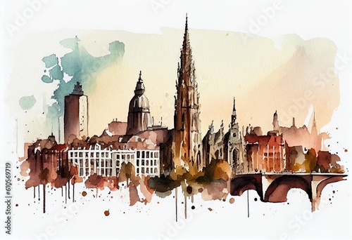 Beautiful view of the historical center of Brussels  watercolor sketches. Generative AI.