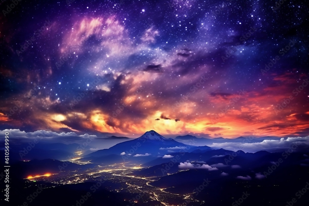 bright burst of colorful lights shinning from the sky, night sky, starry sky, cloudy sky, mountains terrain. Generative Ai bright burst of colorful lights shinning from the sky, night sky, starry sky, cloudy sky, mountains terrain. Generative Ai