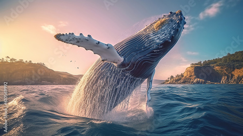 Humpback whale jumps out of the water. Beautiful jump. Generative Ai photo