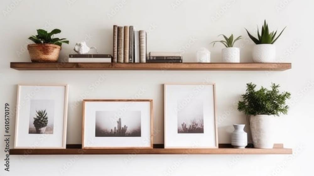 White square frame and a group of indoor plants on a bookshelf. Minimal composition. Ai gerated