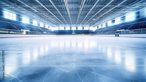 Beautiful empty winter background and empty ice rink with lights. Generative Ai