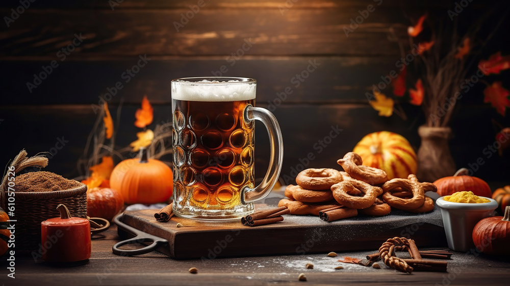 Oktoberfest beer barrel and beer glasses with wheat and hops on wooden table. Generative Ai Oktoberfest beer barrel and beer glasses with wheat and hops on wooden table. Generative Ai