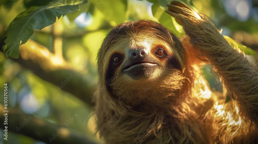 Happy sloth hanging on the tree. Generative Ai Happy sloth hanging on the tree. Generative Ai