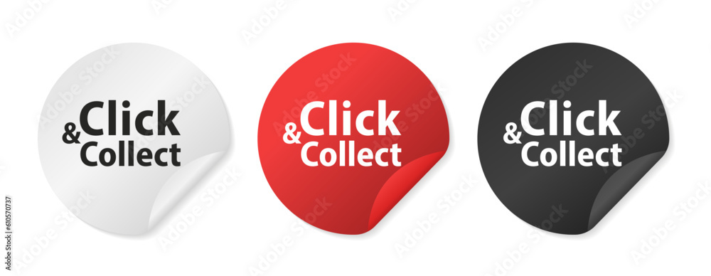 Fototapeta premium Click and collect stickers. Commercial label, badge or sticker. Mouse cursor or Hand pointer. Concept online order or internet shopping. Ecommerce, internet sales and retail. Vector illustration