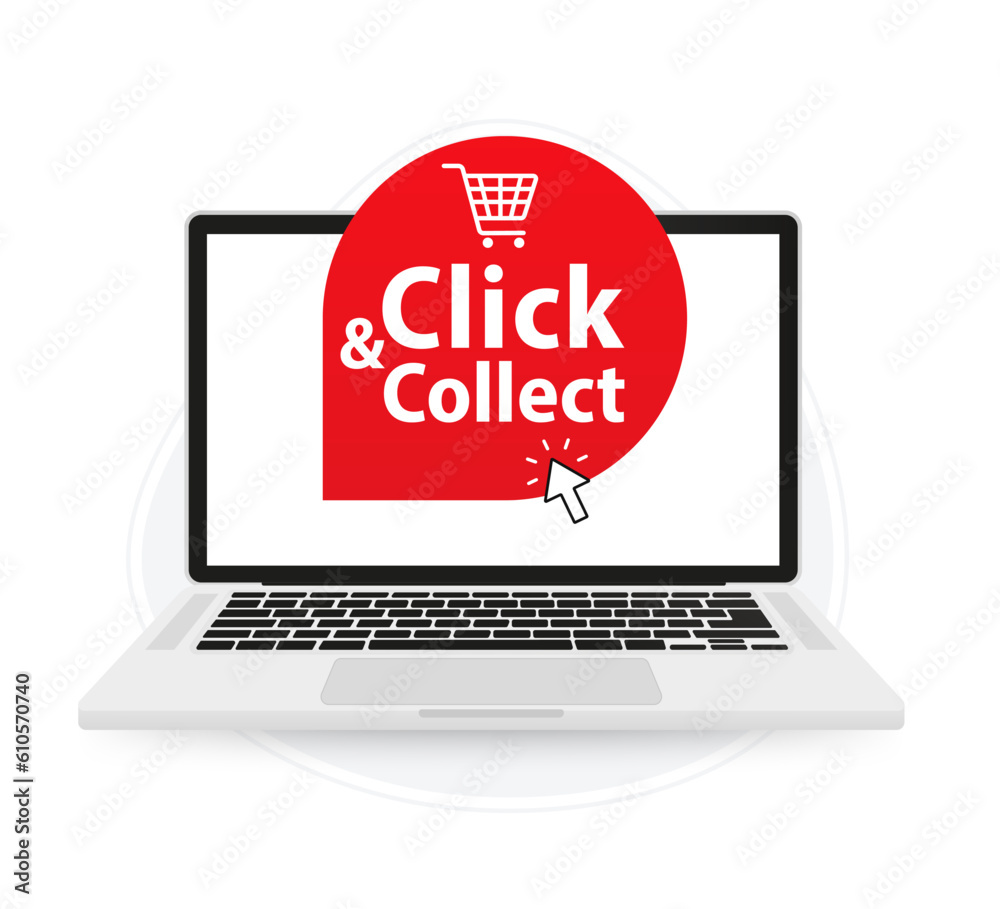 Click and collect on the laptop screen. Commercial label. Mouse cursor or Hand pointer. Concept online order or internet shopping. Ecommerce, internet sales and retail. Vector illustration Click and collect on the laptop screen. Commercial label. Mouse cursor or Hand pointer. Concept online order or internet shopping. Ecommerce, internet sales and retail. Vector illustration