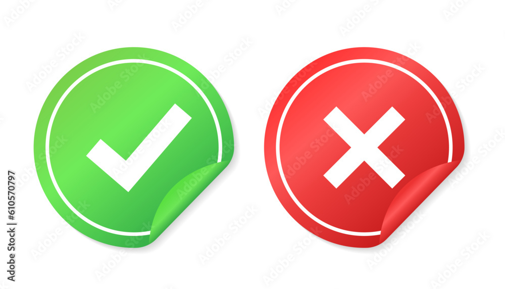 Red and green check mark stickers. Validation icon. Tick and cross signs. Green checkmark and red X. Approved and Rejected sticker in realistic style. Label for any purpose. Vector illustration Red and green check mark stickers. Validation icon. Tick and cross signs. Green checkmark and red X. Approved and Rejected sticker in realistic style. Label for any purpose. Vector illustration