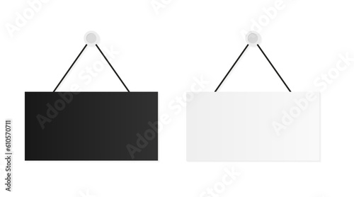 White and black signs on the door of the store hang on a transparent background. Empty or blank sign for shop, restaurant or cafe. Hanging white banner with place for text. Vector illustration