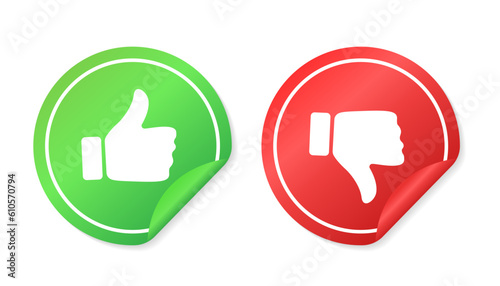 Like and dislike voting stickers. Label stamp. Thumbs up and thumbs up flat icon. I like it and I don't like it. Do's and Don'ts. Good and bad choice labels. Label for any purpose. Vector illustration