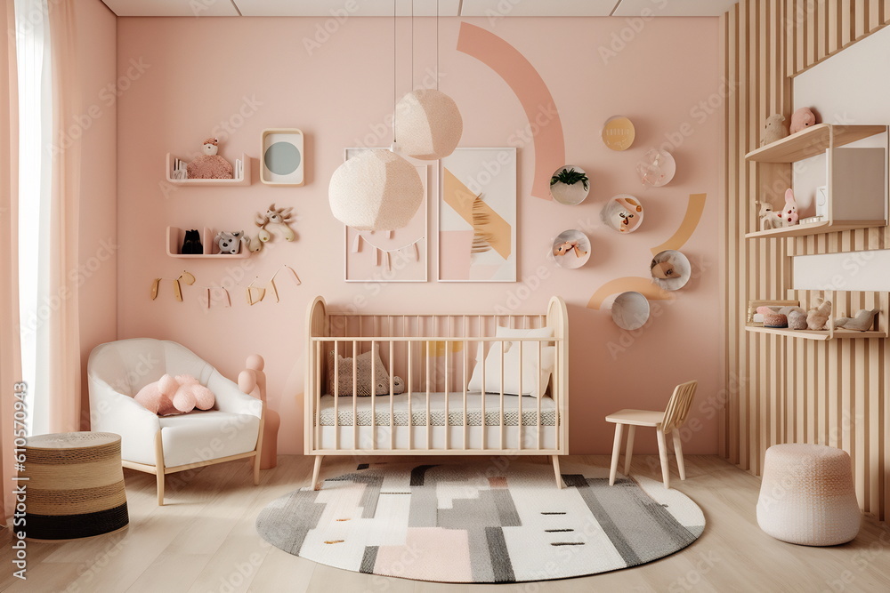 Fototapeta premium Modern baby room in pastel pink colors, wooden detail and baby interior