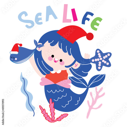 Various pattern marine life sed food marine mammal squid fish marine products starfish mermaid dolphin coral reef