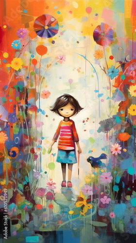 Child walking down flowery path cartoon painting