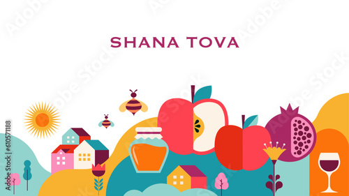 Rosh Hashanah background, banner, flat geometric style. Shana Tova, Happy Jewish New Year, concept design
