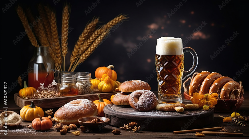 Oktoberfest beer barrel and beer glasses with wheat and hops on wooden table. Generative Ai Oktoberfest beer barrel and beer glasses with wheat and hops on wooden table. Generative Ai