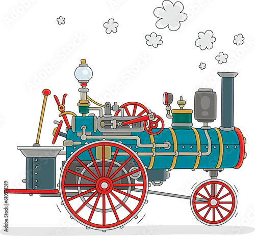 Vintage steam car with a smoking funnel, vector cartoon illustration isolated on a white background