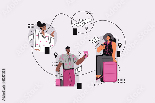 Concept Travel with people scene in the flat cartoon design. Friends are going to fly away on a trip. Vector illustration.