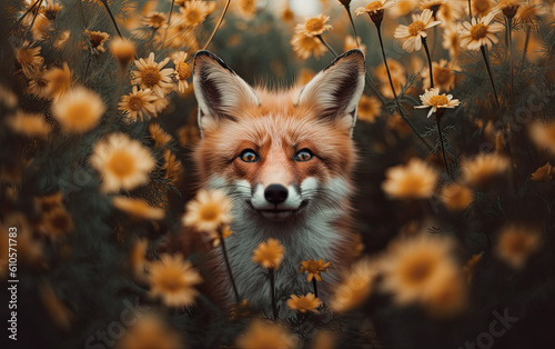 red fox in the field of flowers. Generative AI image.