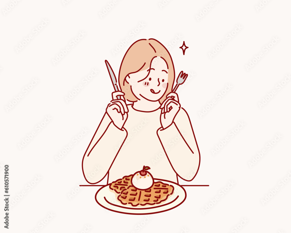 Smiling young girl having tasty croiffle. Hand drawn style vector design illustrations. Smiling young girl having tasty croiffle. Hand drawn style vector design illustrations.