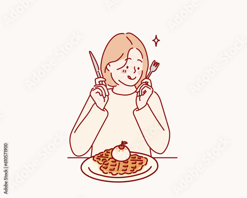 Smiling young girl having tasty croiffle. Hand drawn style vector design illustrations.
