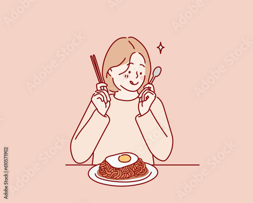 Smiling young girl having tasty Chapagetti.  Hand drawn style vector design illustrations.