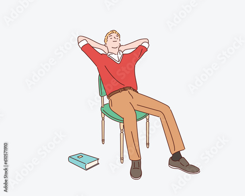 A man napping on wooden chair. Hand drawn style vector design illustrations.
