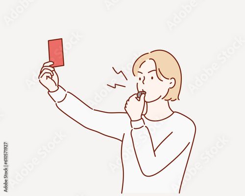 Referee whistles while holding a red card to a player. Hand drawn style vector design illustrations.