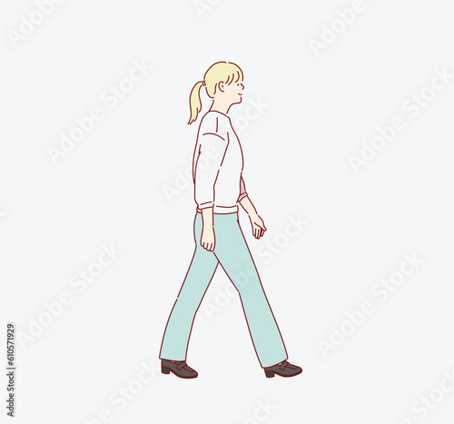 Full length body size photo of young girl walking. Hand drawn style vector design illustrations.