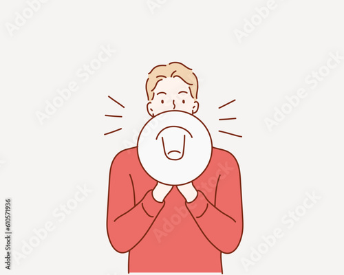  young man with megaphone. Hand drawn style vector design illustrations.