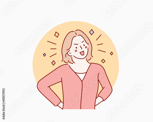 Proud and accomplished young woman smiling with pride, confidence, high self esteem, empowered confident leader student. Hand drawn style vector design illustrations.