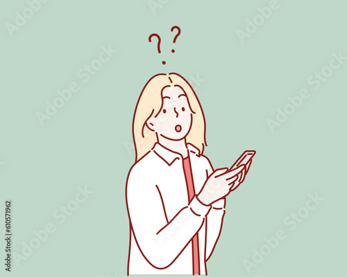 Curious Woman Having Questions Searching Online. Puzzled person looking at her phone with doubt and uncertainty.  Hand drawn style vector design illustrations.