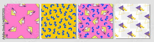 Set of modern geometric seamless patterns. Abstract playful geometry, dots, triangles. 80s, 90s vibes. Memphis. Retro nostalgia. Digital paper, background.