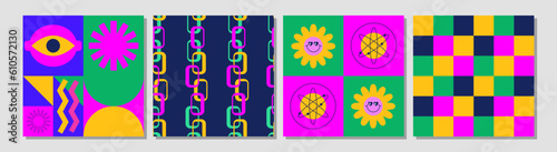 Set of modern geometric futuristic patterns. Abstract psychedelic brutalist background. Geometric shapes, chain, checkered board, mosaic. Brutal contemporary art. Bauhaus memphis design. Digital paper
