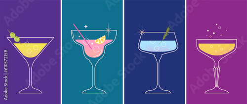 Modern flat summer cocktails collection. Colorful background with cocktail glasses. Celebration poster concept and web banner.