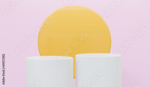 Minimal style 3D Abstract white cylinder pedestal podium with orange cylinder and pink background. Promotion display for products stage showcase.