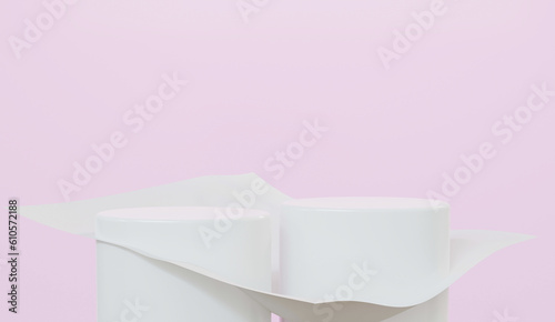 Minimal style 3D Abstract white cylinder pedestal podium with floating plane and pink background. Promotion display for products stage showcase.