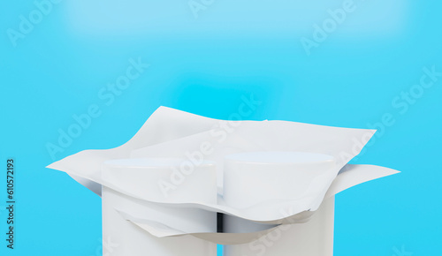 Minimal style 3D Abstract white cylinder pedestal podium with orange cylinder and blue background. Promotion display for products stage showcase.