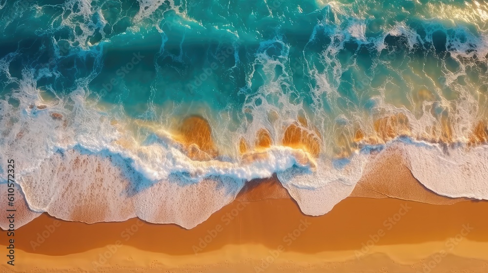 Top view of ocean waves on sandy beach landscape. Beautiful seascape background. Generative AI Top view of ocean waves on sandy beach landscape. Beautiful seascape background. Generative AI