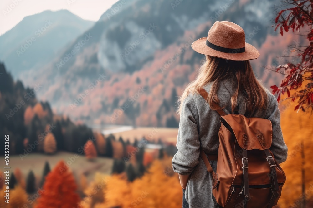 Woman tourist admiring autumn mountains. Generative AI