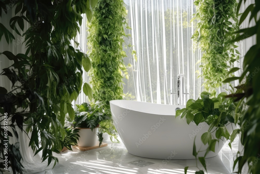 Luxury ceramic bathtub by the window and green tropical plants. Modern interior. Generative AI