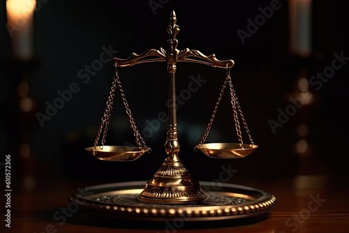 Scales of justice on the courtroom table. Generative AI