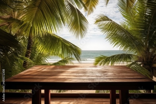 Empty wood table over blue sea  beach and palm leaves background in summer day. Space for product display. Generative AI