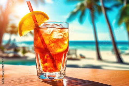 Summer cocktail on a tropical beach. Generative AI