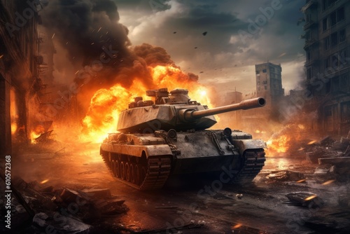 Tank in a city destroyed by war. Army battle, artillery weapons force conflict. Generative AI